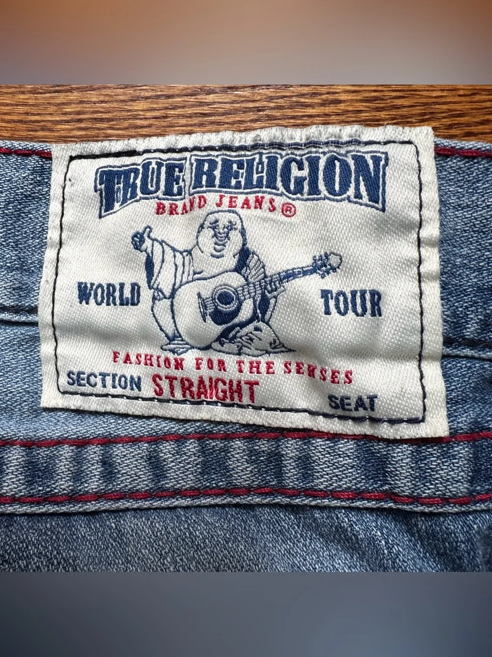 True Religion World Tour Straight Seat Distressed Jeans Mens 32 Y2K Red Stitch